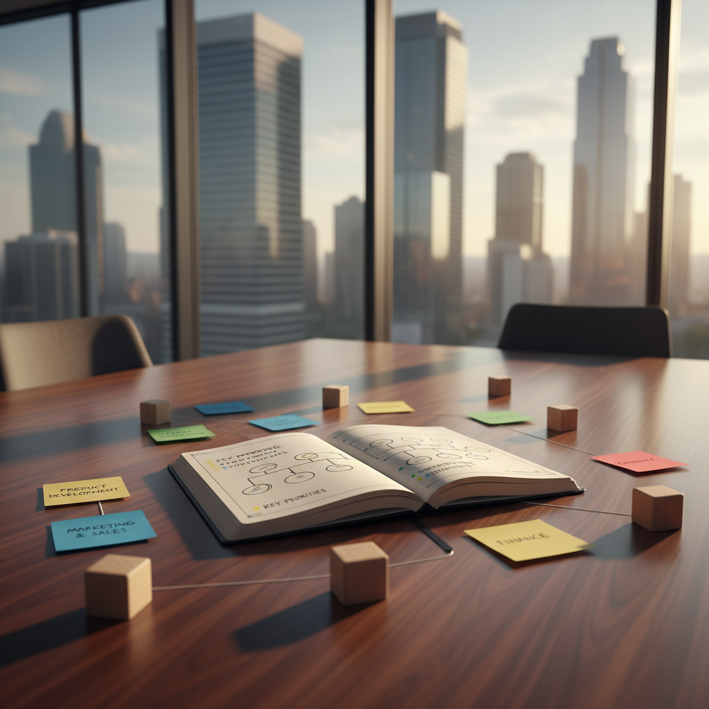 A polished walnut conference table arranged with a single open notebook at its center, pages filled with neatly sketched organizational charts and highlighted key priorities. Around the notebook, color-coded sticky notes and small wooden blocks form a simple, elegant representation of a company’s structure. In the background, glass walls reveal a modern office skyline, softly blurred. Late-afternoon natural light streams in, casting warm, elongated shadows across the table. Captured from a slightly elevated angle in photographic realism, the composition follows the rule of thirds, creating a calm, orderly atmosphere that conveys strategic planning, structure, and thoughtful leadership decision-making.
