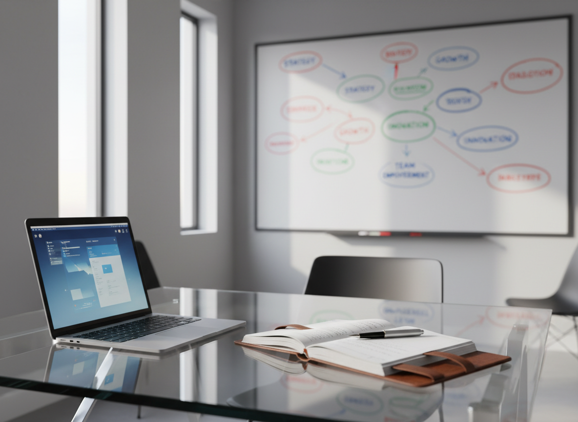 A meticulously arranged glass desk featuring a sleek brushed-aluminum laptop half-open beside a leather-bound leadership journal and a fine-point pen resting diagonally across the page. Behind them, a large wall-mounted whiteboard displays a clear, structured vision map drawn with bold primary-colored markers, slightly out of focus. Soft morning daylight filters through tall windows, creating subtle reflections on the glass surface and gentle shadows along the desk’s edge. Photographic realism at eye level with a shallow depth of field emphasizes clarity, focus, and strategic thinking. The mood is professional, aspirational, and calm, embodying thoughtful organizational leadership in a clean, modern office environment with neutral tones and precise lines.