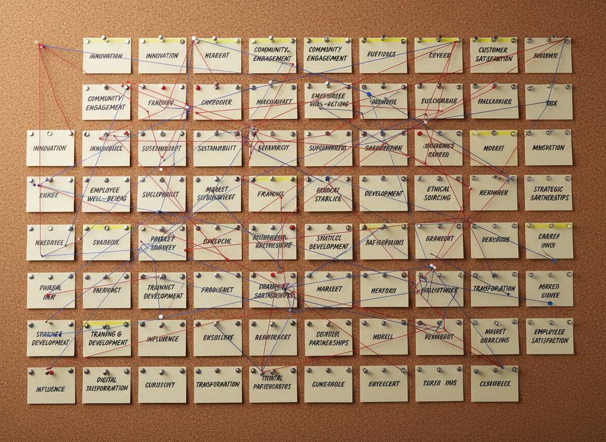 A close-up, overhead photographic shot of a large corkboard covered with neatly arranged index cards, each labeled with clear black handwriting representing values, goals, and initiatives. Thin red and blue string connects pins between cards, forming an intricate yet orderly network map of an organization. Diffused studio lighting from above creates even illumination with soft, crisp shadows under the pins, emphasizing depth and structure. The color palette is warm neutrals with subtle pops of color from the strings and card highlights. The mood is analytical yet hopeful, suggesting clarity emerging from complexity, ideal for illustrating systems thinking in organizational leadership.