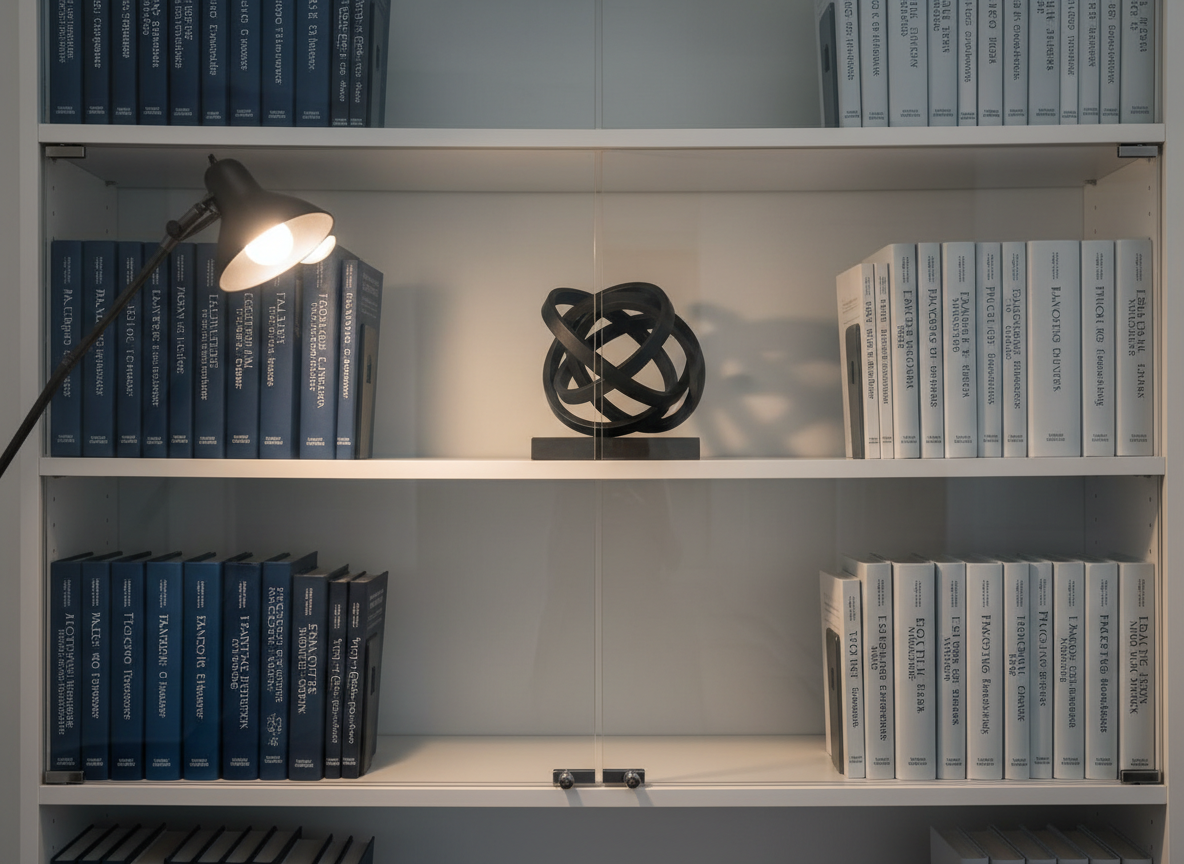 A pristine, glass-front bookshelf filled with carefully organized leadership, management, and organizational psychology books, their spines forming a harmonious gradient from deep navy to light gray. On one shelf, a minimalistic matte-black metal sculpture of interconnected rings symbolizes collaboration and influence. A single soft desk lamp with a warm bulb illuminates the scene from the side, creating gentle highlights on the glass and casting an elegant, elongated shadow of the sculpture across the shelf. Photographic realism with an eye-level composition and moderate depth of field keeps the foreground sharp while softening the back rows of books. The atmosphere is studious, professional, and quietly inspirational, aligned with lifelong learning in leadership.