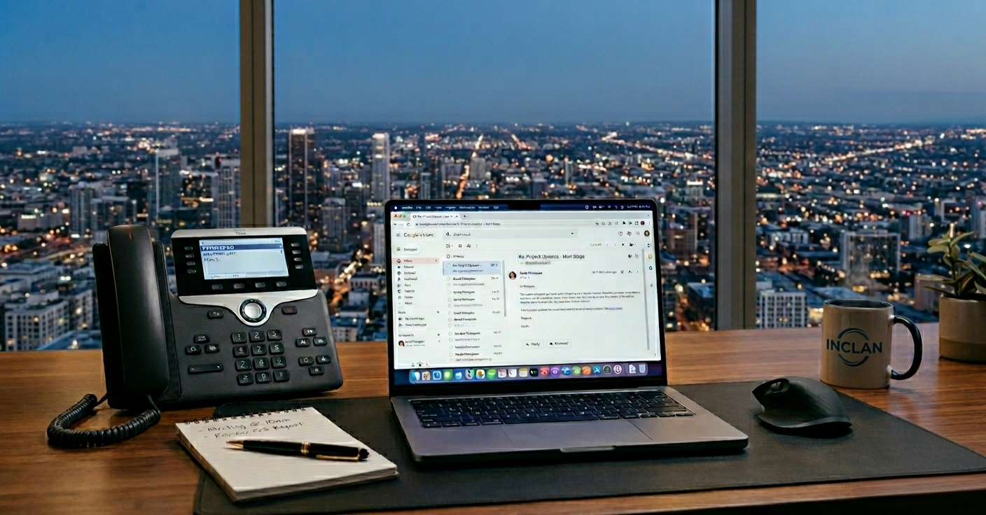 Inclán office desk with laptop, phone, and city skyline at dusk